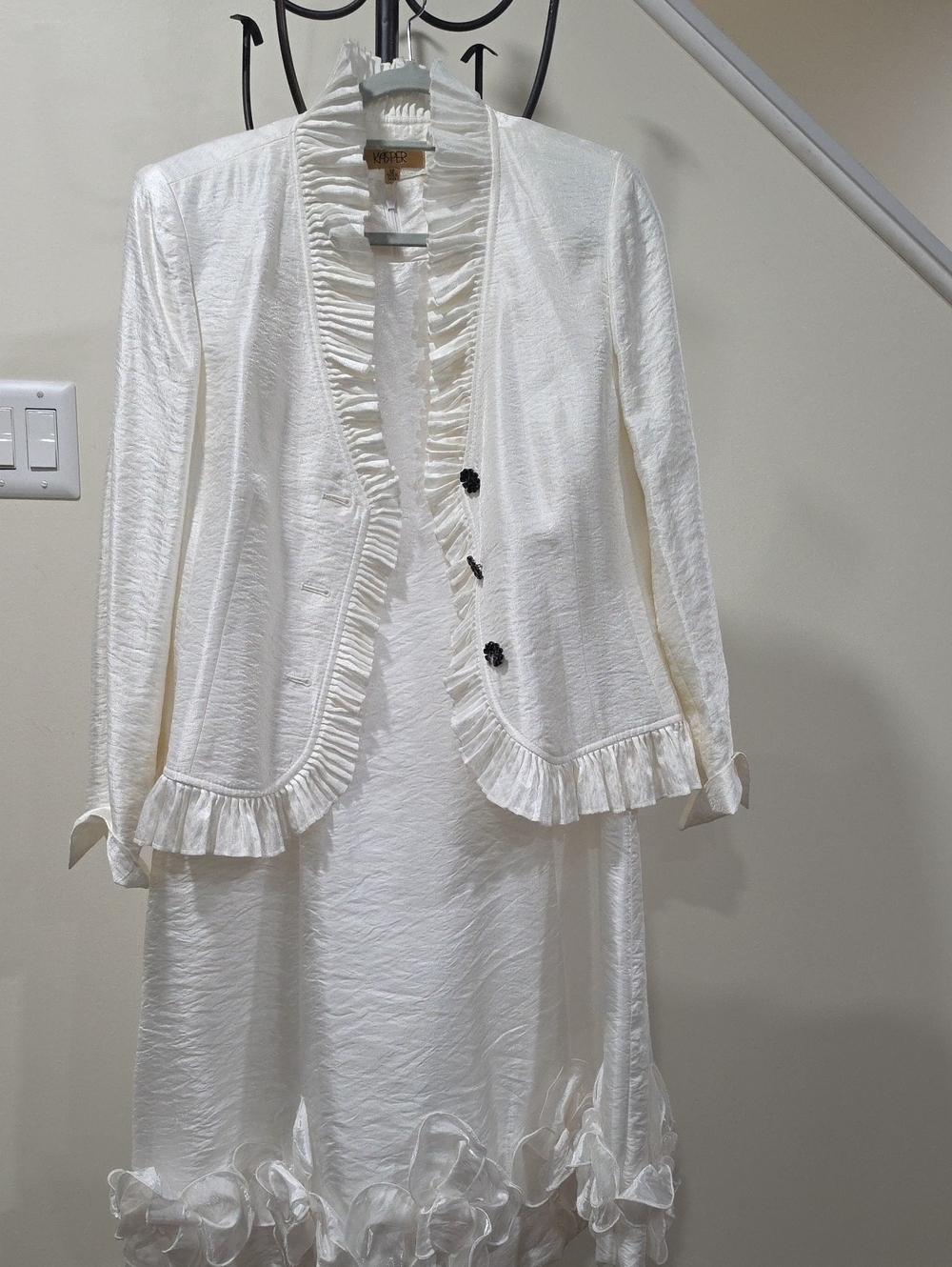 Kasper White Ruffled Jacket and Dress Set with Black Button Accents